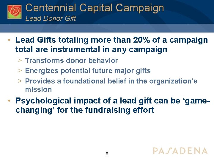 Centennial Capital Campaign Lead Donor Gift • Lead Gifts totaling more than 20% of