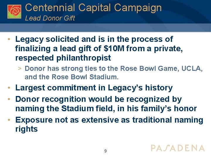 Centennial Capital Campaign Lead Donor Gift • Legacy solicited and is in the process