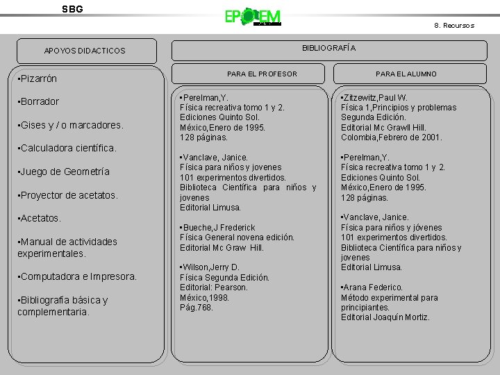 SBG 8. Recursos BIBLIOGRAFÍA APOYOS DIDACTICOS • Pizarrón • Borrador • Gises y /