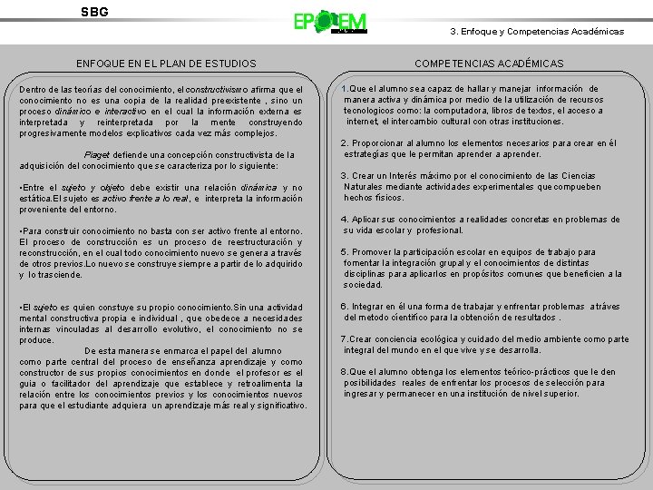 SBG 3. Enfoque y Competencias Académicas ENFOQUE EN EL PLAN DE ESTUDIOS Dentro de