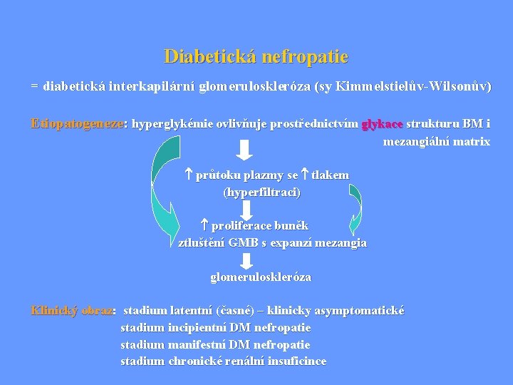 Diabetická nefropatie = diabetická interkapilární glomeruloskleróza (sy Kimmelstielův-Wilsonův) Etiopatogeneze: hyperglykémie ovlivňuje prostřednictvím glykace strukturu