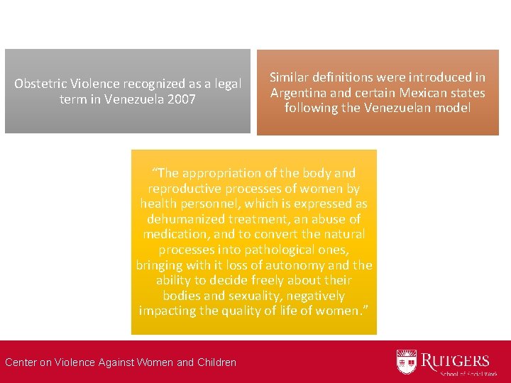 Obstetric Violence recognized as a legal term in Venezuela 2007 Similar definitions were introduced