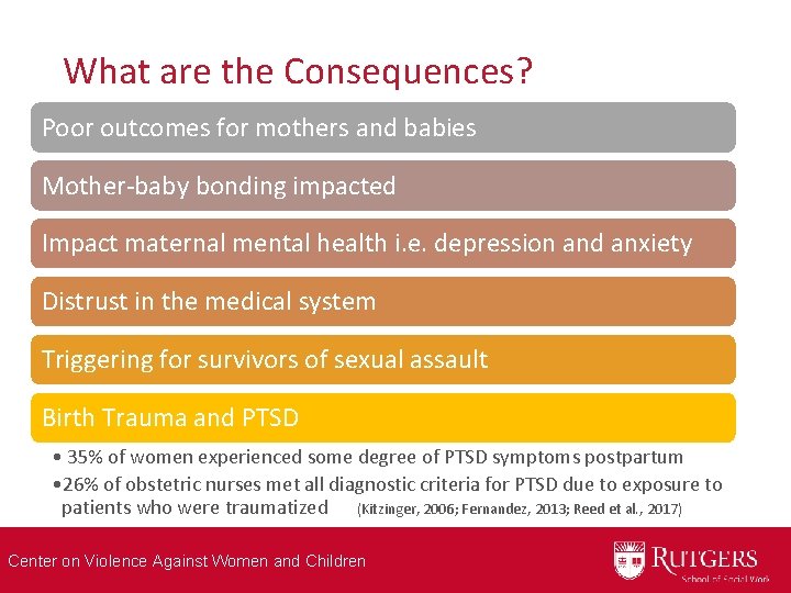 What are the Consequences? Poor outcomes for mothers and babies Mother‐baby bonding impacted Impact