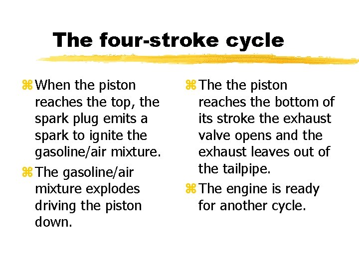 The four-stroke cycle z When the piston reaches the top, the spark plug emits