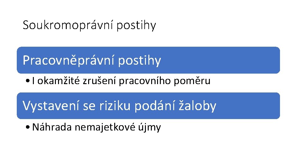 Soukromoprávní postihy Pracovněprávní postihy • I okamžité zrušení pracovního poměru Vystavení se riziku podání