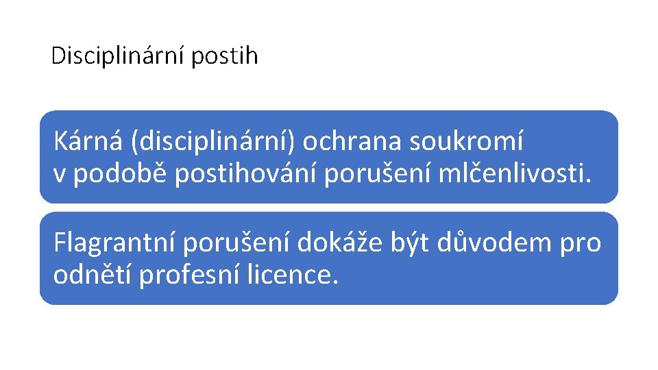 Disciplinární postih Kárná (disciplinární) ochrana soukromí v podobě postihování porušení mlčenlivosti. Flagrantní porušení dokáže