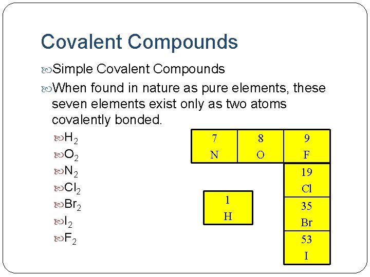 Covalent Compounds Simple Covalent Compounds When found in nature as pure elements, these seven