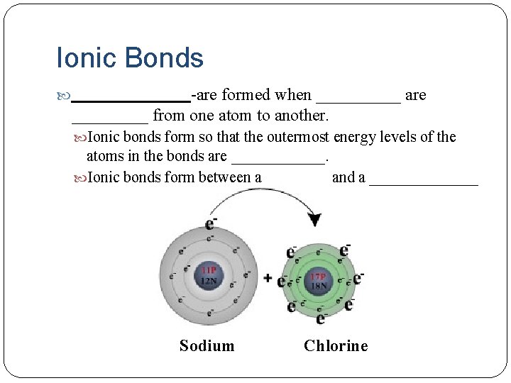 Ionic Bonds -are formed when _____ are _____ from one atom to another. Ionic