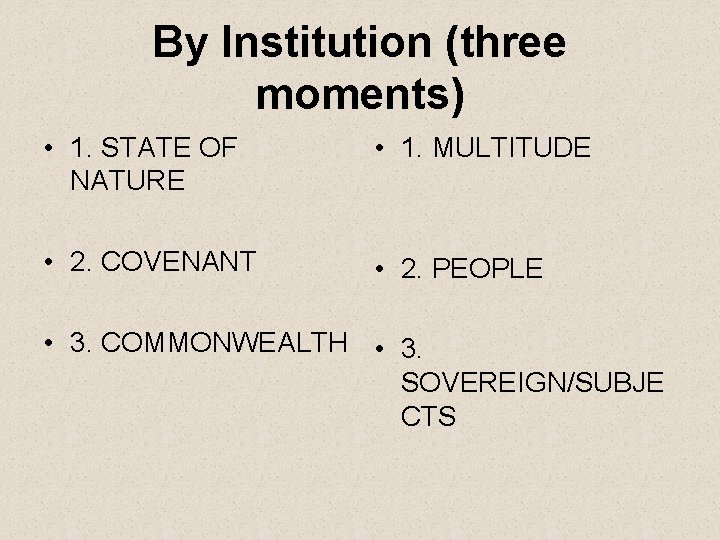 By Institution (three moments) • 1. STATE OF NATURE • 1. MULTITUDE • 2.