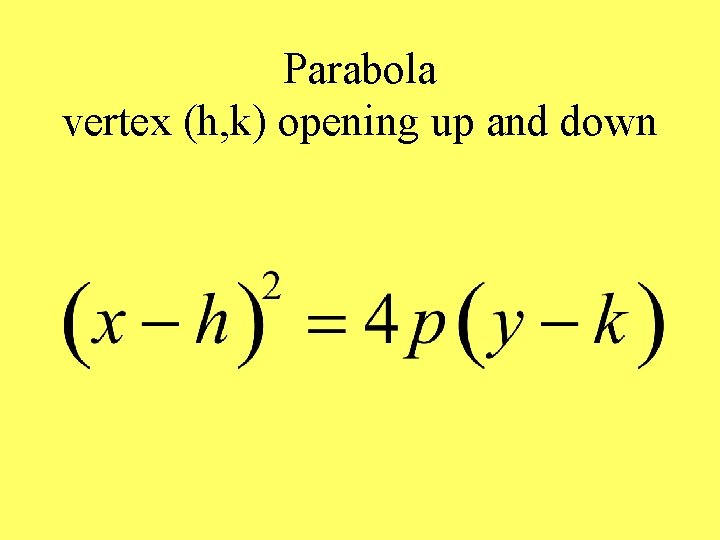 Parabola vertex (h, k) opening up and down 