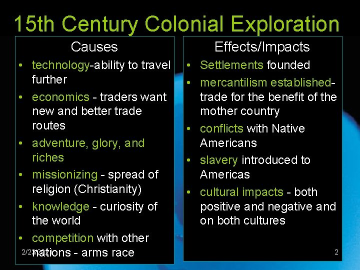 15 th Century Colonial Exploration Causes Effects/Impacts • technology-ability to travel further • economics