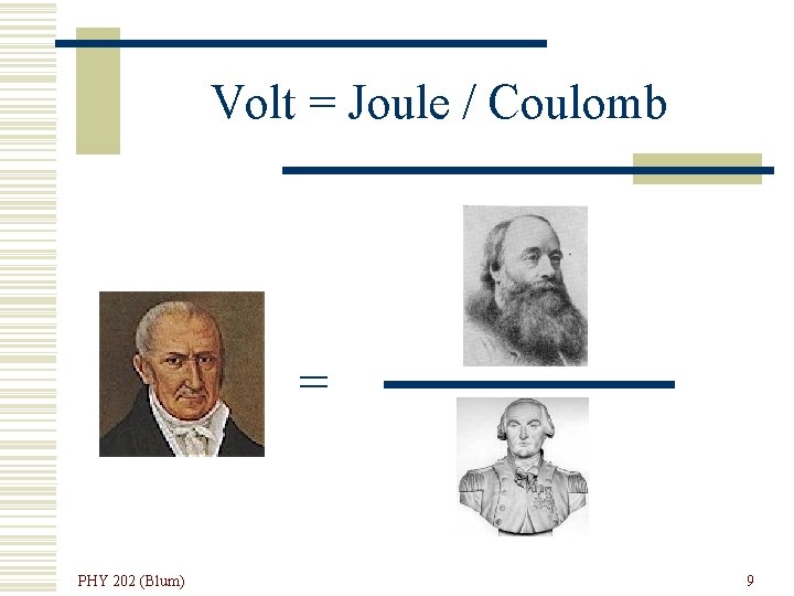 Volt = Joule / Coulomb = PHY 202 (Blum) 9 