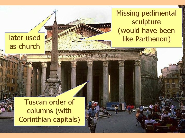 Pantheon later used as church Tuscan order of columns (with Corinthian capitals) Missing pedimental