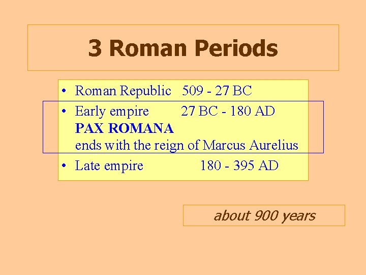 3 Roman Periods • Roman Republic 509 - 27 BC • Early empire 27