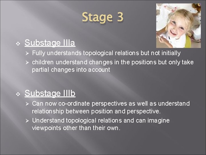 Stage 3 v Substage IIIa Fully understands topological relations but not initially Ø children