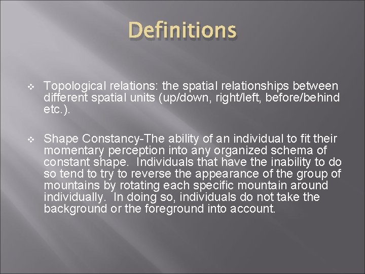 Definitions v Topological relations: the spatial relationships between different spatial units (up/down, right/left, before/behind