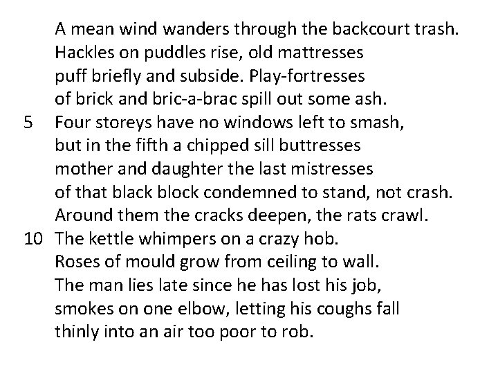 A mean wind wanders through the backcourt trash. Hackles on puddles rise, old mattresses