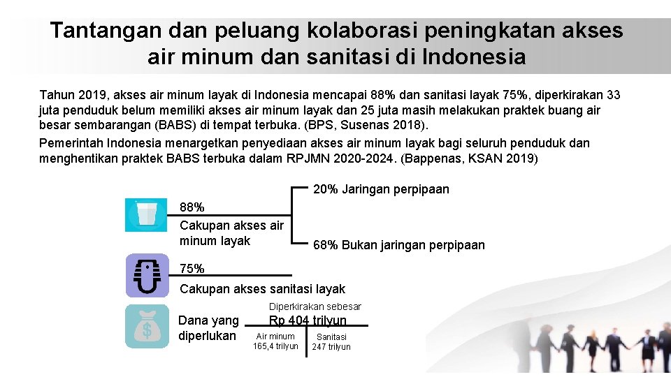 Tantangan dan peluang kolaborasi peningkatan akses air minum dan sanitasi di Indonesia Tahun 2019,