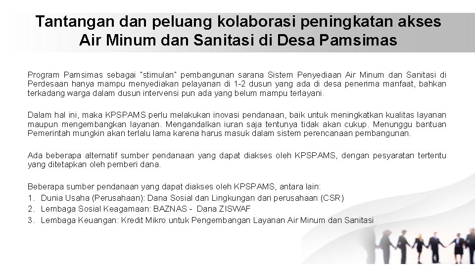 Tantangan dan peluang kolaborasi peningkatan akses Air Minum dan Sanitasi di Desa Pamsimas Program