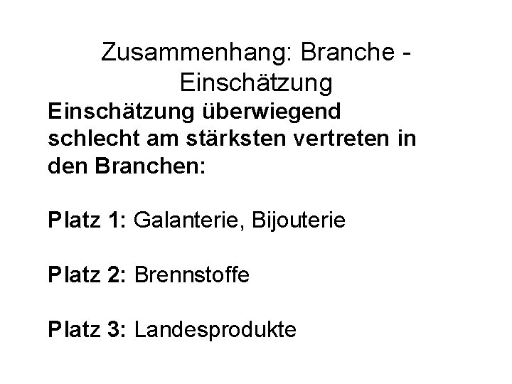 Zusammenhang: Branche Einschätzung überwiegend schlecht am stärksten vertreten in den Branchen: Platz 1: Galanterie,