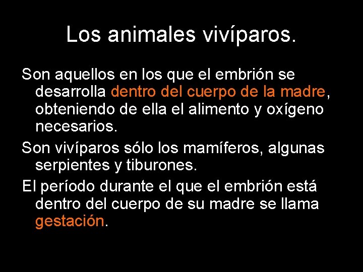 Los animales vivíparos. Son aquellos en los que el embrión se desarrolla dentro del