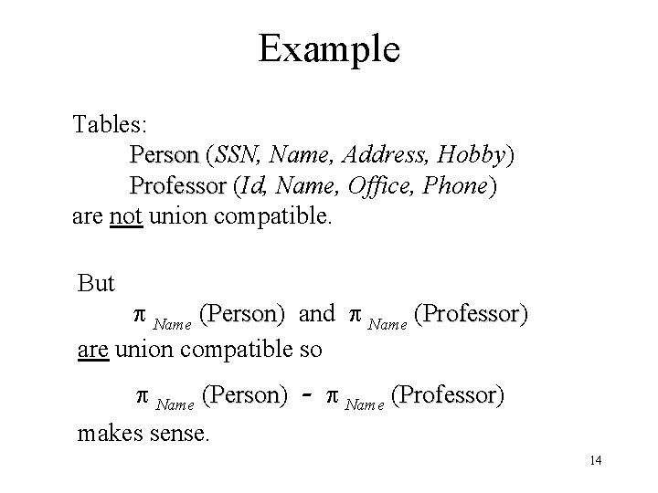 Example Tables: Person (SSN, Name, Address, Hobby) Person Professor (Id, Name, Office, Phone) Professor