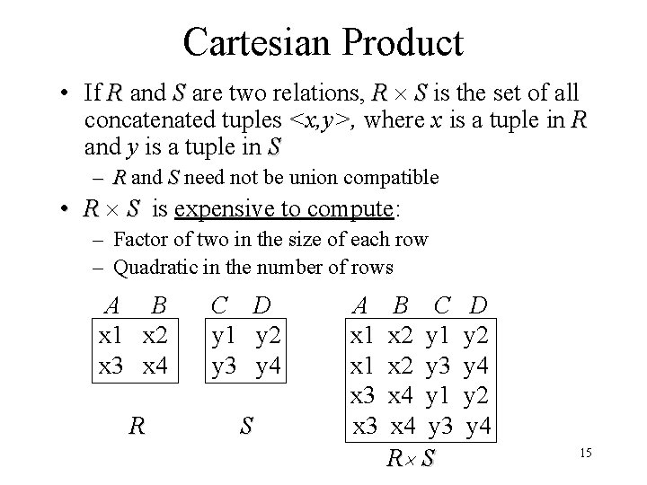Cartesian Product • If R and S are two relations, R S is the Cartesian Product • If R and S are two relations, R S is the