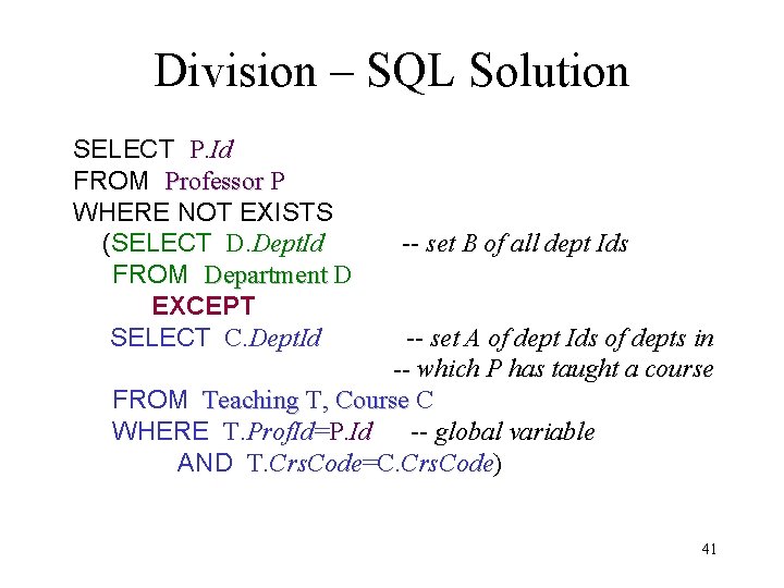 Division – SQL Solution SELECT P. Id FROM Professor P WHERE NOT EXISTS (SELECT