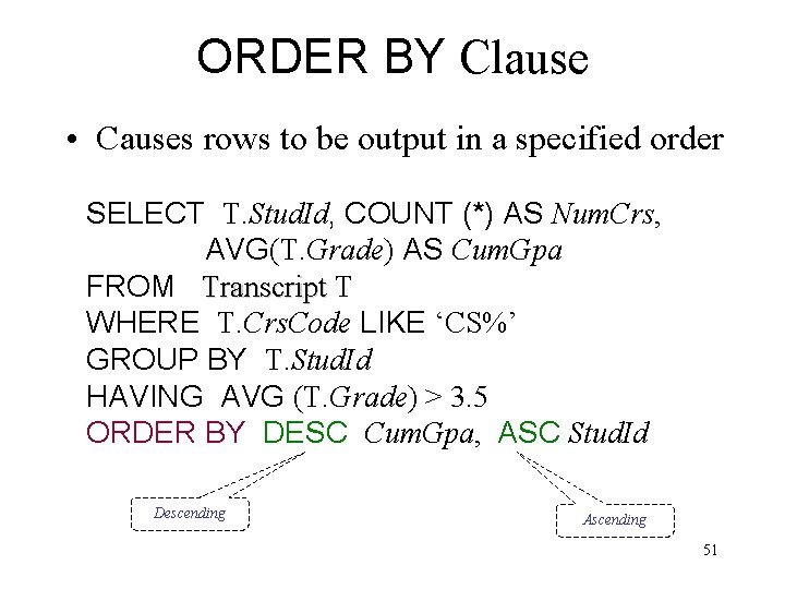 ORDER BY Clause • Causes rows to be output in a specified order SELECT