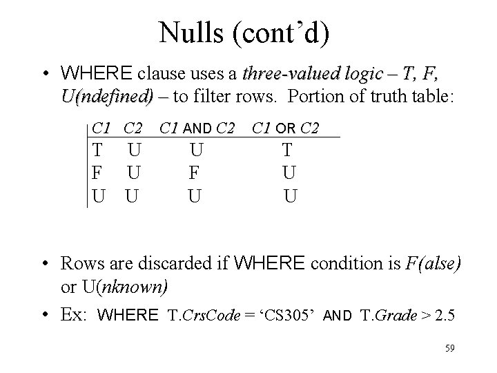 Nulls (cont’d) • WHERE clause uses a three-valued logic – T, F, U(ndefined) –