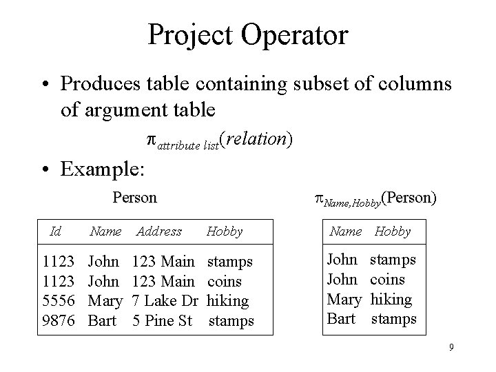Project Operator • Produces table containing subset of columns of argument table attribute list(relation) Project Operator • Produces table containing subset of columns of argument table attribute list(relation)