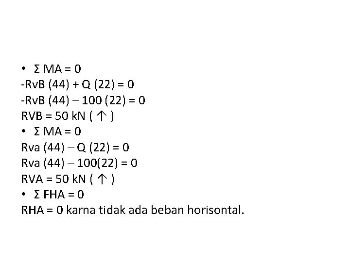  • Σ MA = 0 -Rv. B (44) + Q (22) = 0