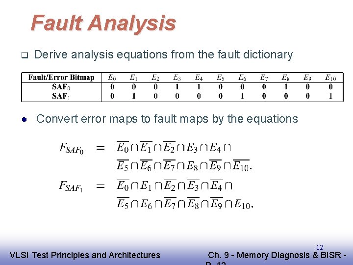 Fault Analysis q Derive analysis equations from the fault dictionary · Convert error maps