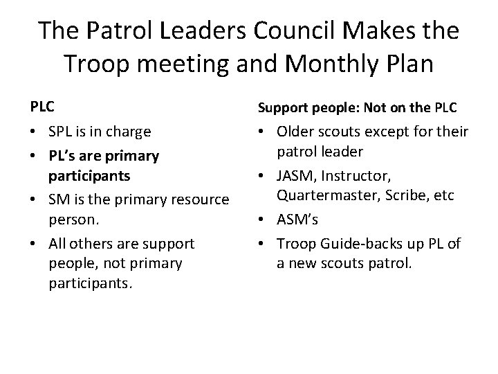 The Patrol Leaders Council Makes the Troop meeting and Monthly Plan PLC Support people:
