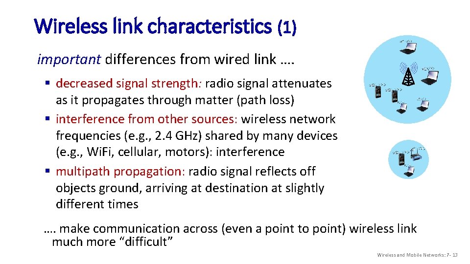 Wireless link characteristics (1) important differences from wired link …. § decreased signal strength: