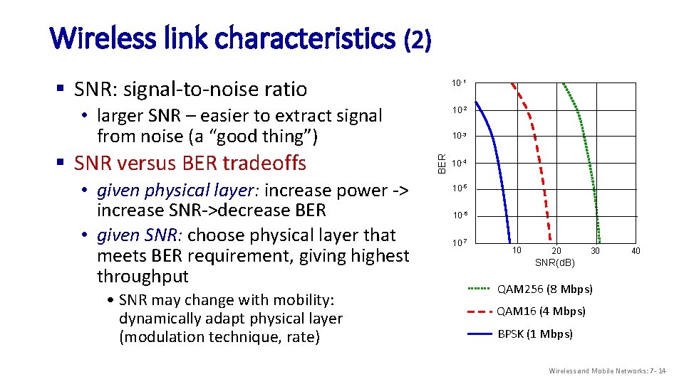 Wireless link characteristics (2) § SNR: signal-to-noise ratio 10 -1 • larger SNR –