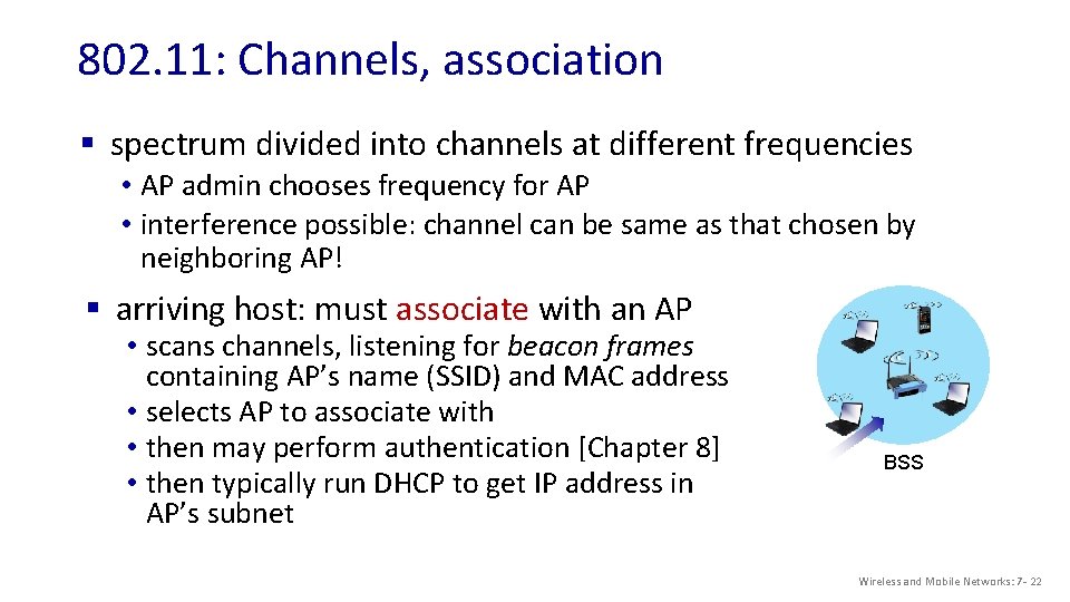 802. 11: Channels, association § spectrum divided into channels at different frequencies • AP