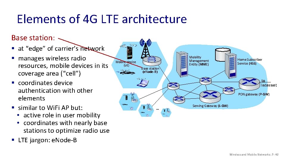 Elements of 4 G LTE architecture Base station: § at “edge” of carrier’s network