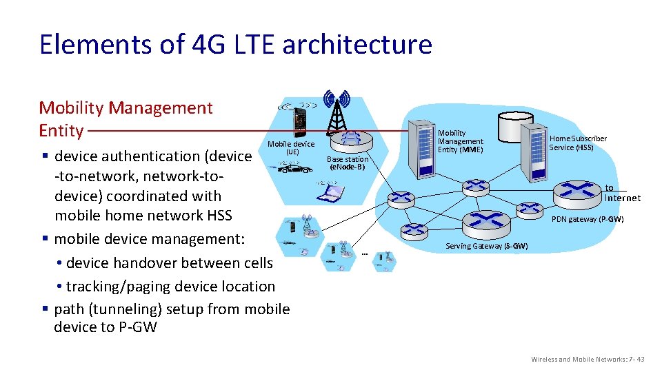 Elements of 4 G LTE architecture Mobility Management Entity Mobile device (UE) § device