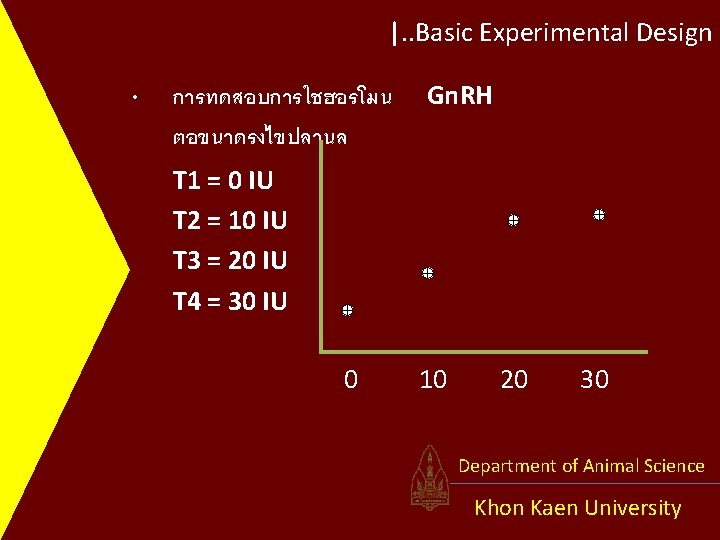 |. . Basic Experimental Design • การทดสอบการใชฮอรโมน ตอขนาดรงไขปลานล Gn. RH T 1 = 0