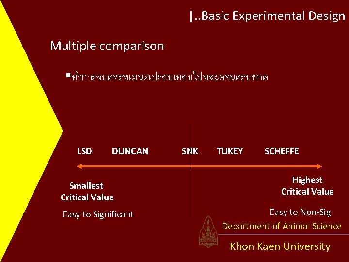 |. . Basic Experimental Design Multiple comparison §ทำการจบคทรทเมนตเปรยบเทยบไปทละคจนครบทกค LSD DUNCAN Smallest Critical Value Easy