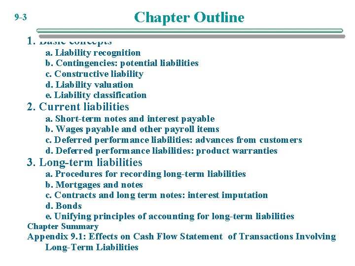 Chapter Outline 9 -3 1. Basic concepts a. Liability recognition b. Contingencies: potential liabilities Chapter Outline 9 -3 1. Basic concepts a. Liability recognition b. Contingencies: potential liabilities