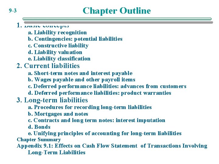 Chapter Outline 9 -3 1. Basic concepts a. Liability recognition b. Contingencies: potential liabilities