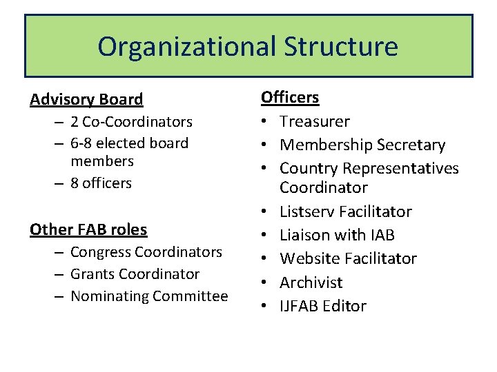 Organizational Structure Advisory Board – 2 Co-Coordinators – 6 -8 elected board members –