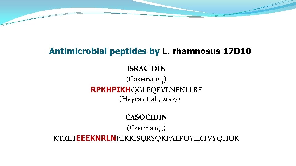 Antimicrobial peptides by L. rhamnosus 17 D 10 ISRACIDIN (Caseina αs 1) RPKHPIKHQGLPQEVLNENLLRF (Hayes