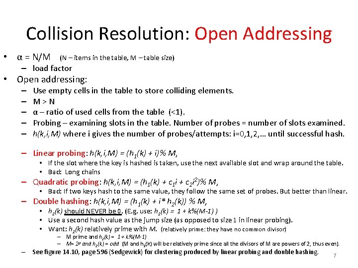 Collision Resolution: Open Addressing • α = N/M (N – items in the table,