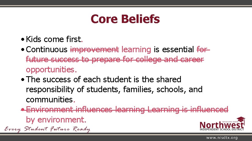 Core Beliefs • Kids come first. • Continuous improvement learning is essential for future