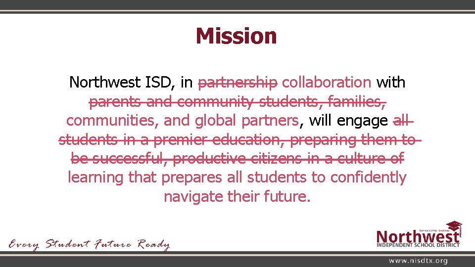Mission Northwest ISD, in partnership collaboration with parents and community students, families, communities, and