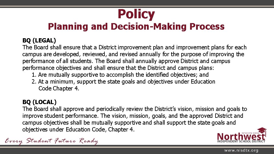 Policy Planning and Decision-Making Process BQ (LEGAL) The Board shall ensure that a District