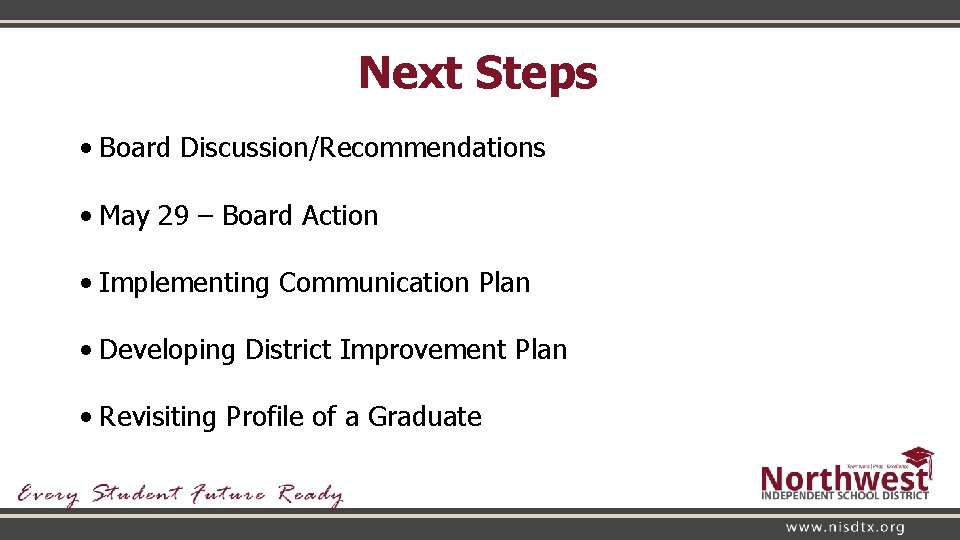 Next Steps • Board Discussion/Recommendations • May 29 – Board Action • Implementing Communication